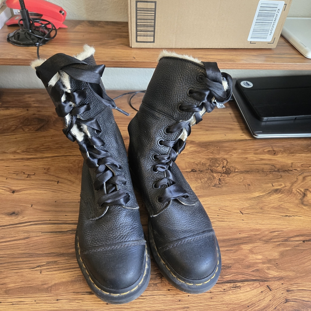 Dr. Martens Black Leather Fur-Lined Combat Boots